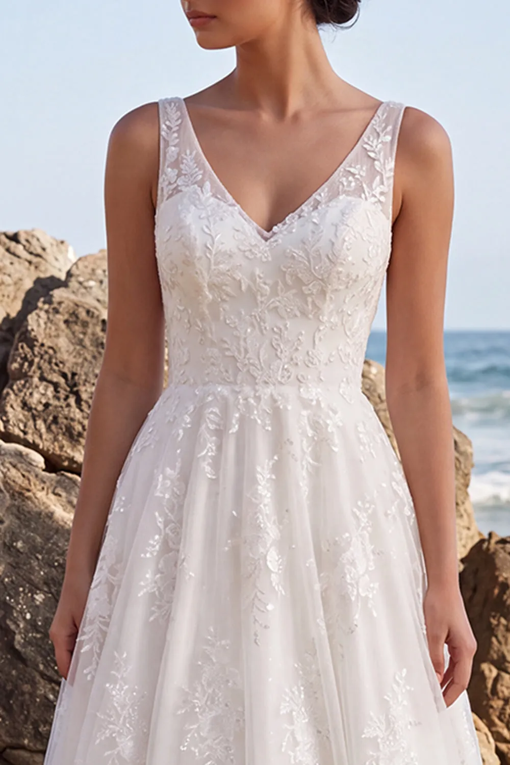 White Floral A-Line V-Neck Embroidered Long Wedding Dress sold by Zapaka product image thumbnail 4