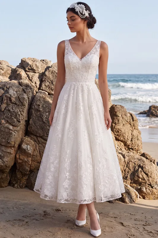 White Floral A-Line V-Neck Embroidered Long Wedding Dress made by Zapaka