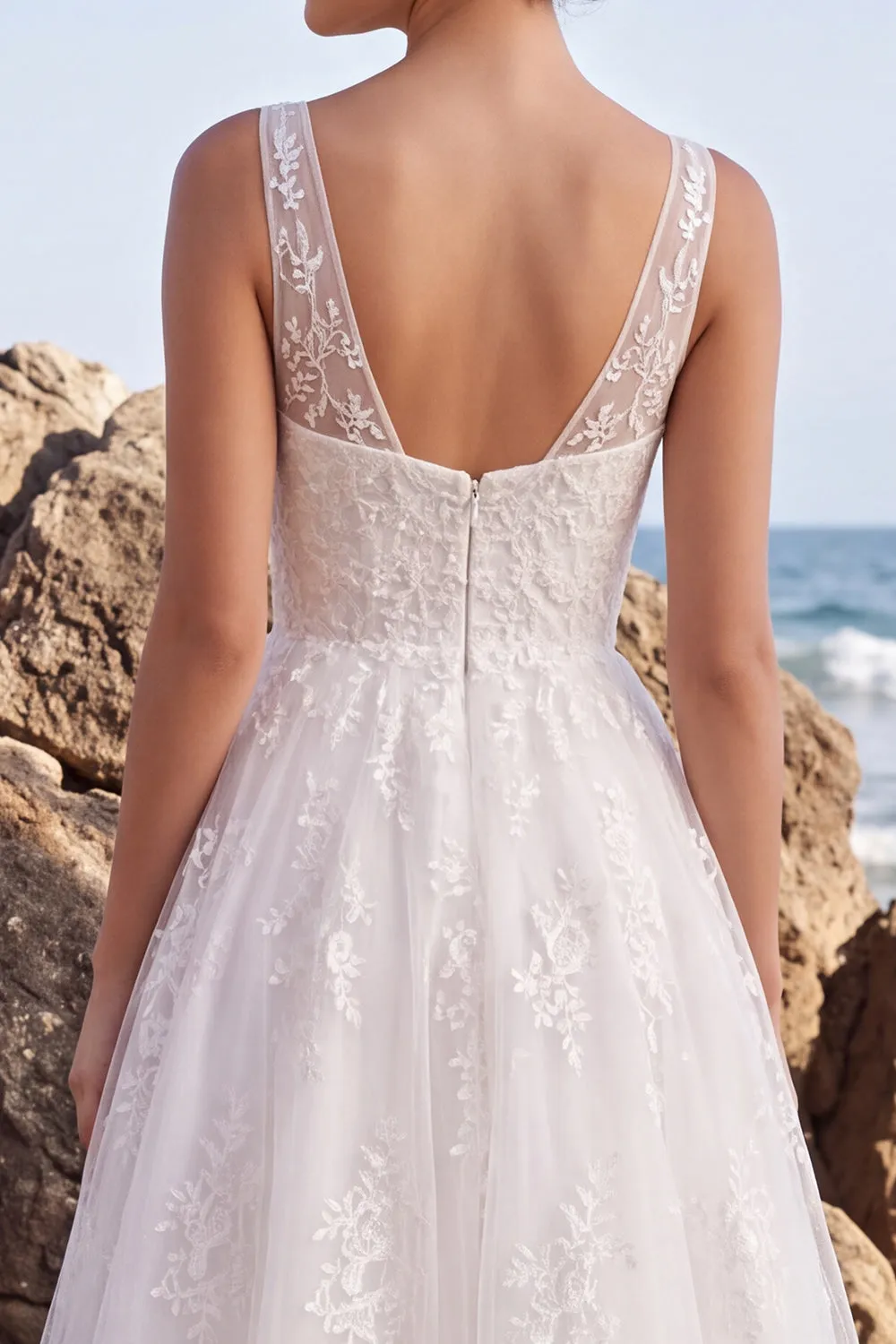 White Floral A-Line V-Neck Embroidered Long Wedding Dress sold by Zapaka product image thumbnail 5