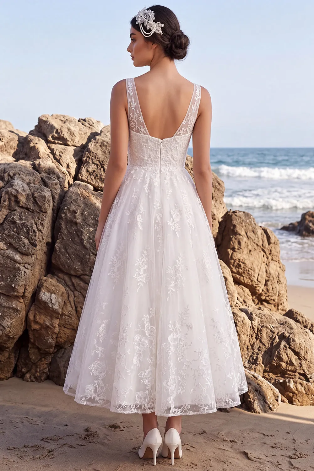 White Floral A-Line V-Neck Embroidered Long Wedding Dress sold by Zapaka product image thumbnail 2