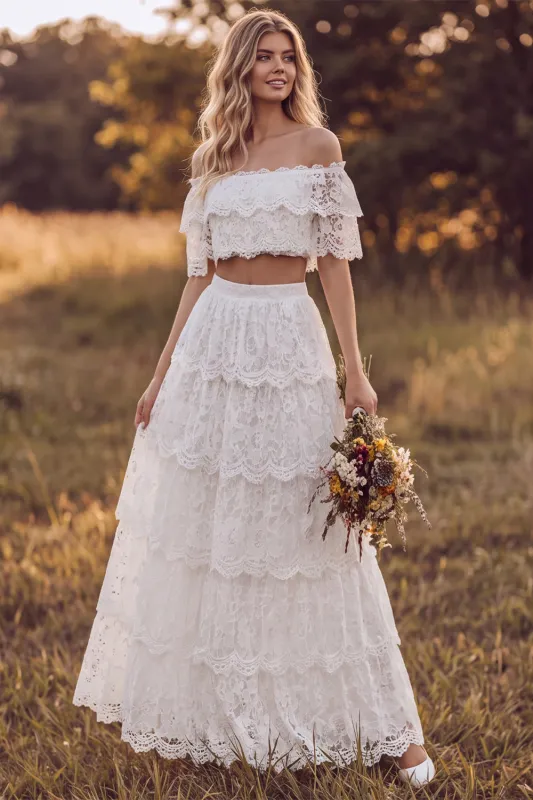 Ivory Two Piece Off the Shoulder A-Line Tiered Ruffled Long Bridal Shower Dress made by Zapaka