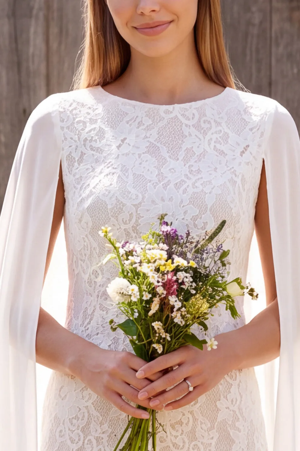 Ivory Bateau Neck Lace Sheath Short Bridal Shower Dress with Cape sold by Zapaka product image thumbnail 3