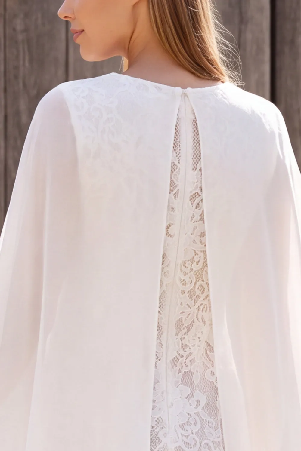 Ivory Bateau Neck Lace Sheath Short Bridal Shower Dress with Cape sold by Zapaka product image thumbnail 4