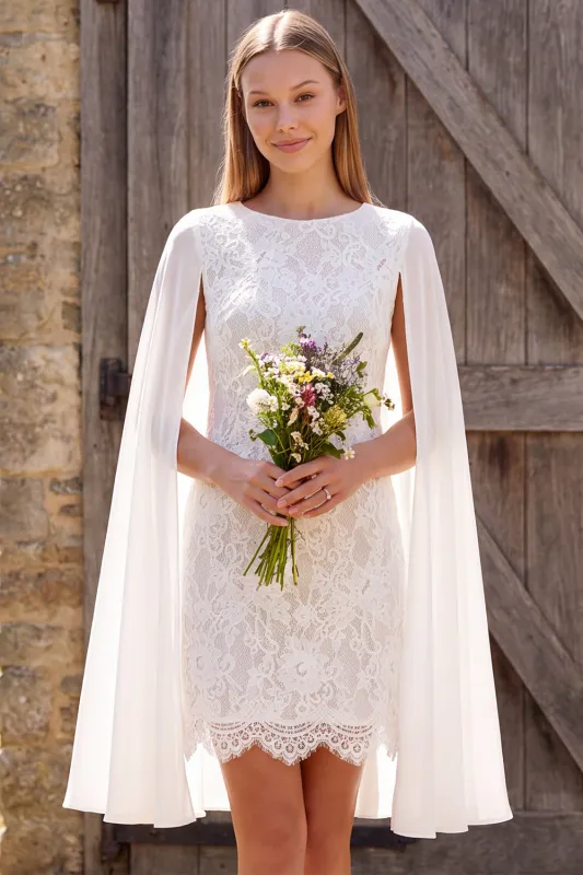 Ivory Bateau Neck Lace Sheath Short Bridal Shower Dress with Cape made by Zapaka