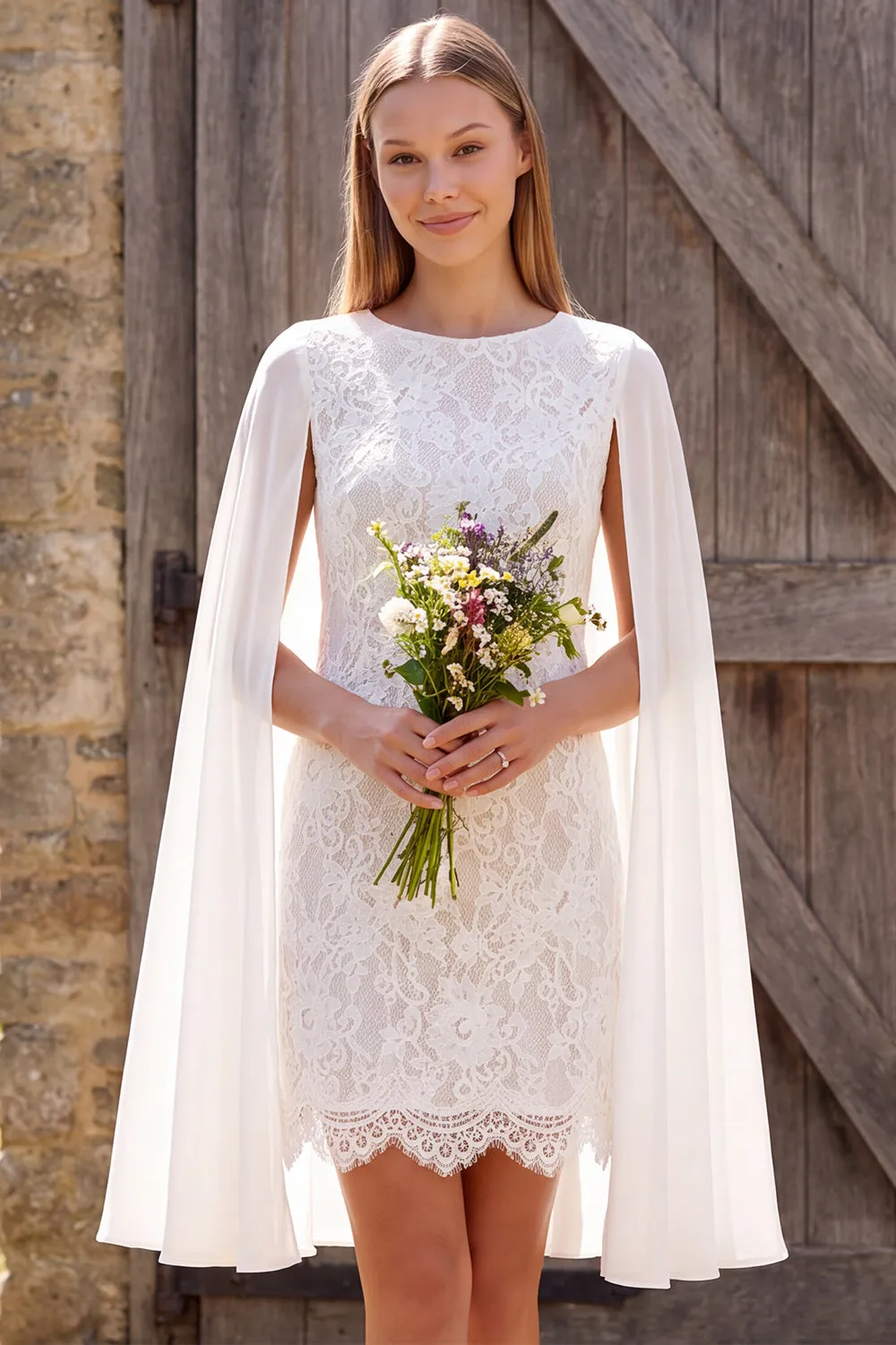 Ivory Bateau Neck Lace Sheath Short Bridal Shower Dress with Cape sold by Zapaka