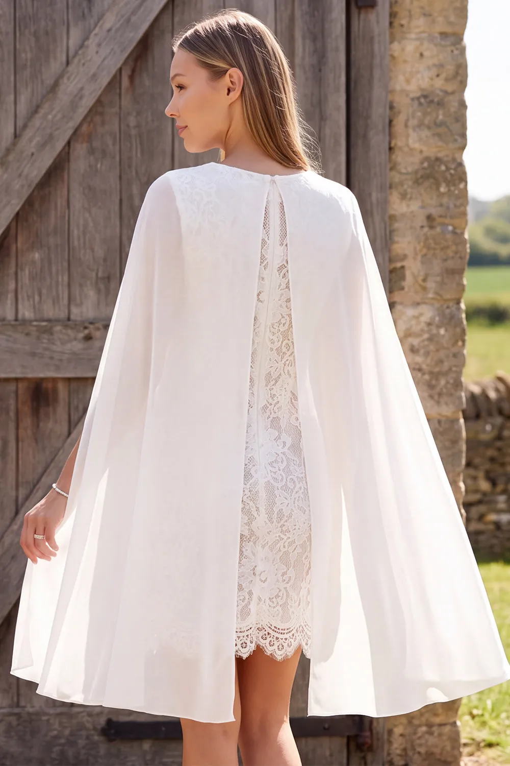 Ivory Bateau Neck Lace Sheath Short Bridal Shower Dress with Cape sold by Zapaka product image thumbnail 2