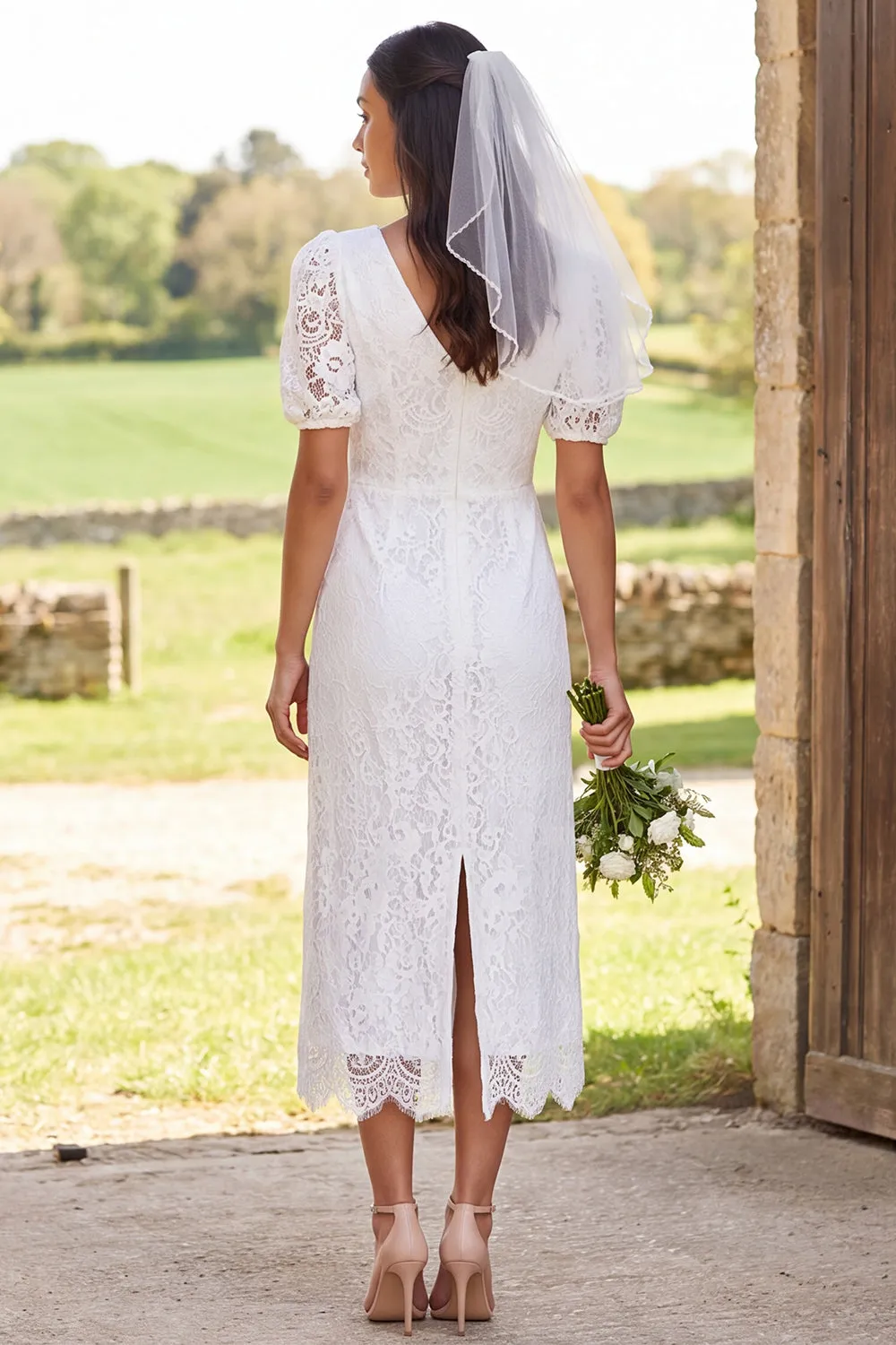 Ivory Lace Sheath V-Neck Short Sleeves Midi Bridal Shower Dress with Back Slit sold by Zapaka product image thumbnail 2