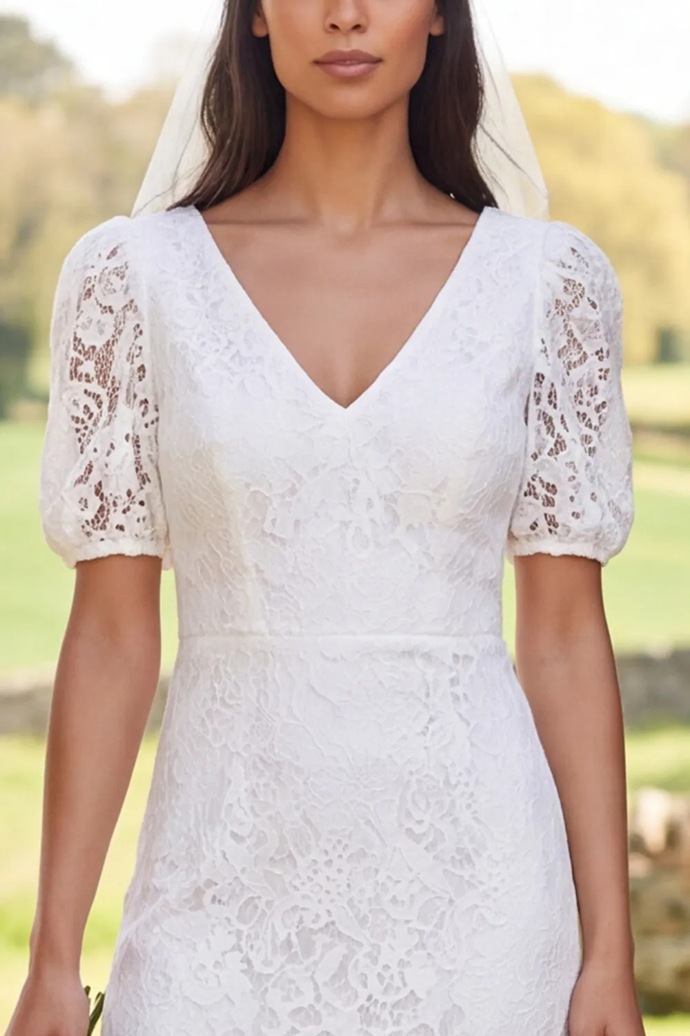 Ivory Lace Sheath V-Neck Short Sleeves Midi Bridal Shower Dress with Back Slit sold by Zapaka product image thumbnail 3