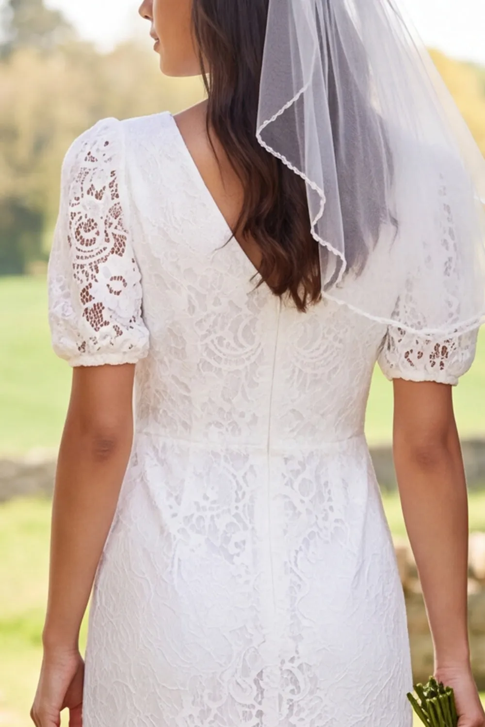 Ivory Lace Sheath V-Neck Short Sleeves Midi Bridal Shower Dress with Back Slit sold by Zapaka product image thumbnail 4