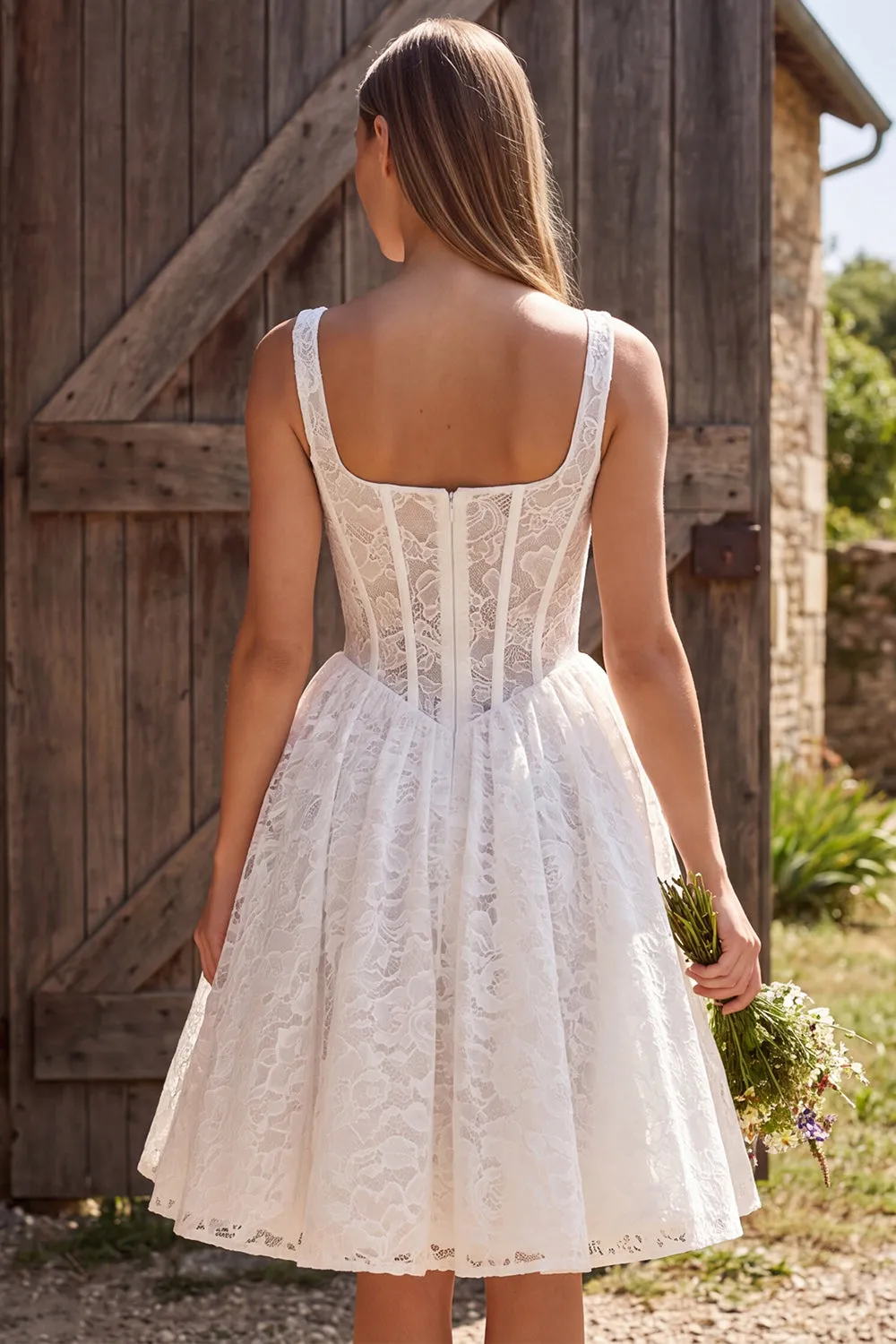 Ivory Corset A-Line Square Neck Lace Short Bridal Shower Dress sold by Zapaka product image thumbnail 2