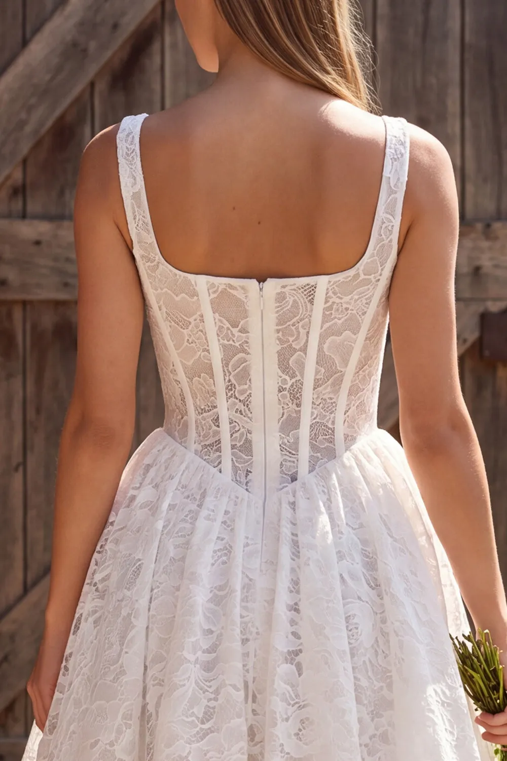 Ivory Corset A-Line Square Neck Lace Short Bridal Shower Dress sold by Zapaka product image thumbnail 4