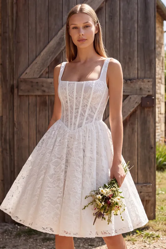 Ivory Corset A-Line Square Neck Lace Short Bridal Shower Dress made by Zapaka