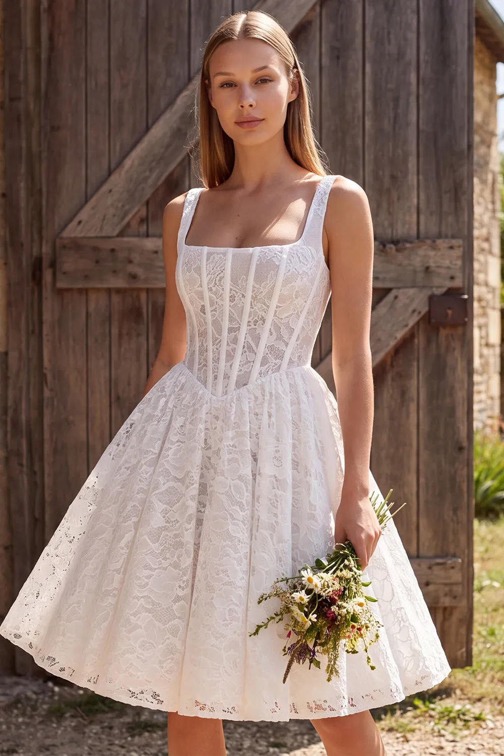 Ivory Corset A-Line Square Neck Lace Short Bridal Shower Dress sold by Zapaka