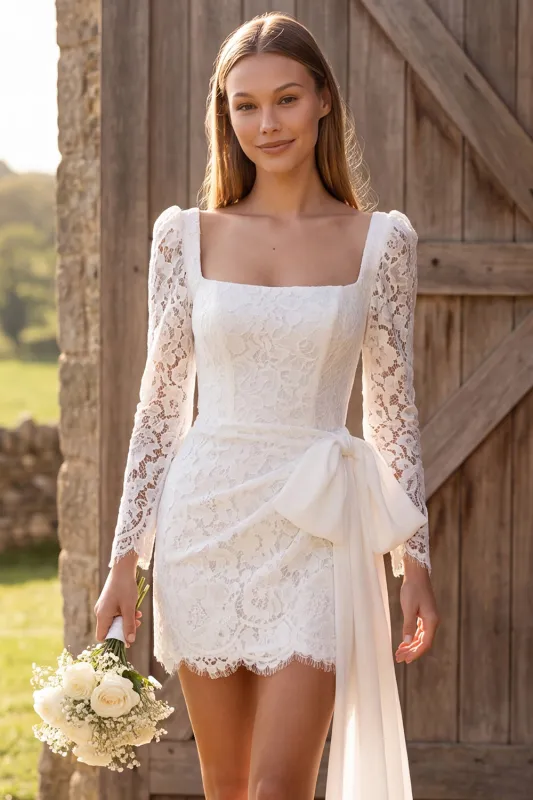 Ivory Ruched Bodycon Square Neck Lace Long Sleeves Short Bridal Shower Dress with Bow made by Zapaka