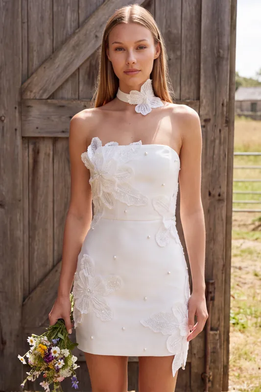 Ivory Bodycon Strapless Pearls Short Bridal Shower Dress with 3D Flower made by Zapaka