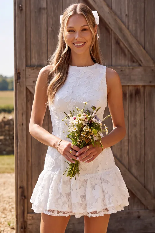 Floral Ivory A-Line Bateau Neck Lace Tiered Ruffle Short Bridal Shower Dress made by Zapaka