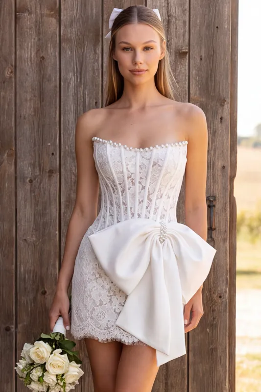 Ivory Corset Bodycon Strapless Lace Pearls Short Bridal Shower Dress with Bow made by Zapaka