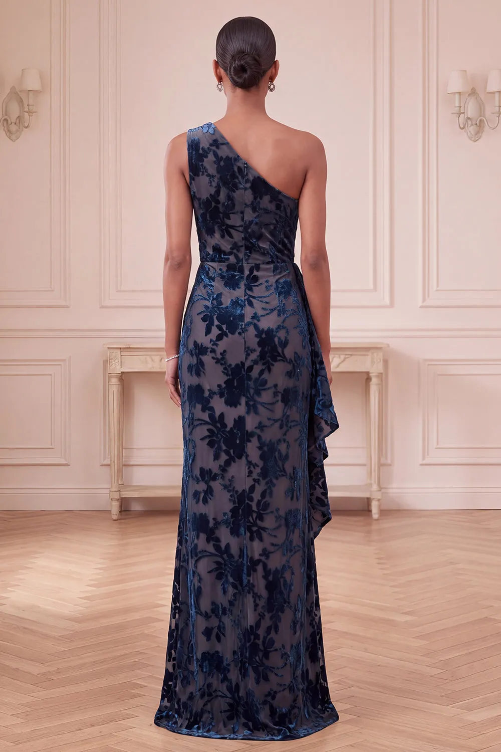 Navy Sheath One Shoulder Velvet Ruched Long Formal Dress with Ruffles sold by Zapaka product image thumbnail 2