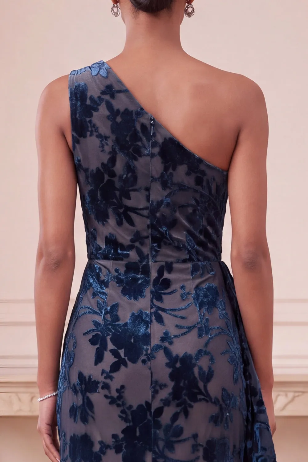 Navy Sheath One Shoulder Velvet Ruched Long Formal Dress with Ruffles sold by Zapaka product image thumbnail 4
