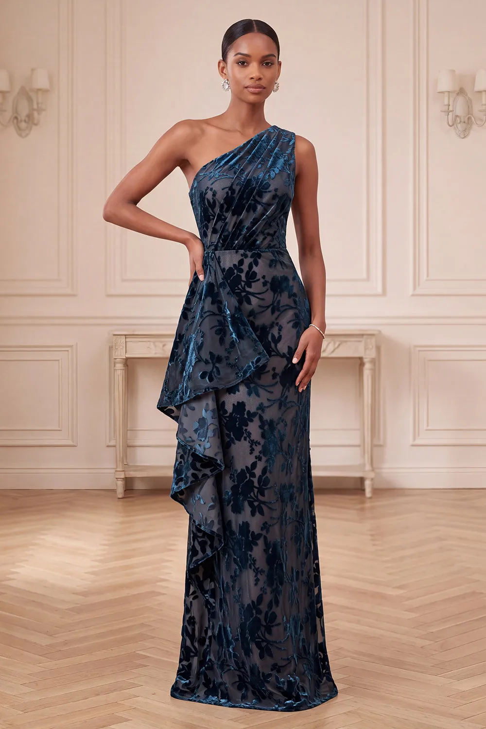 Navy Sheath One Shoulder Velvet Ruched Long Formal Dress with Ruffles sold by Zapaka