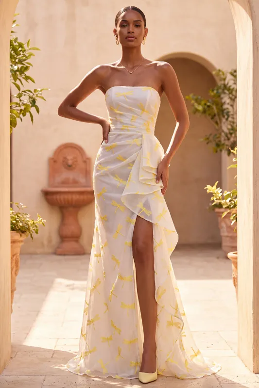 Strapless Ivory Mermaid Ruffled Ruched Slit Long Formal Dress with Sweep Train made by Zapaka