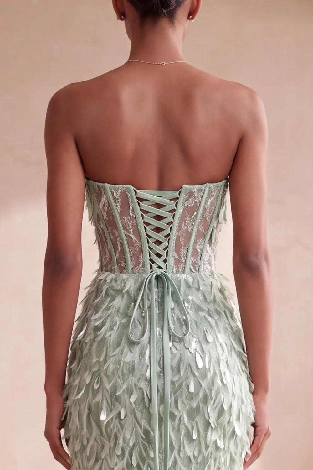 Sage Green Corset Mermaid Strapless Feathered Sequins Long Formal Dress with Bow sold by Zapaka product image thumbnail 4