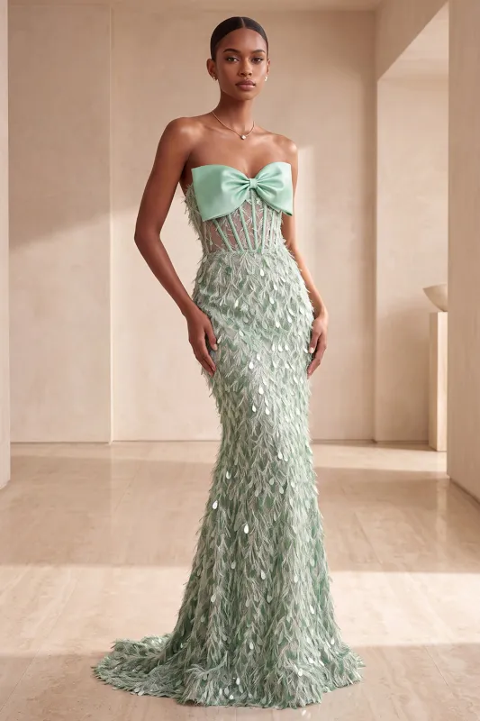 Sage Green Corset Mermaid Strapless Feathered Sequins Long Formal Dress with Bow made by Zapaka