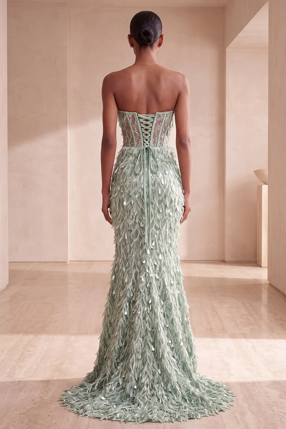 Sage Green Corset Mermaid Strapless Feathered Sequins Long Formal Dress with Bow sold by Zapaka product image thumbnail 2