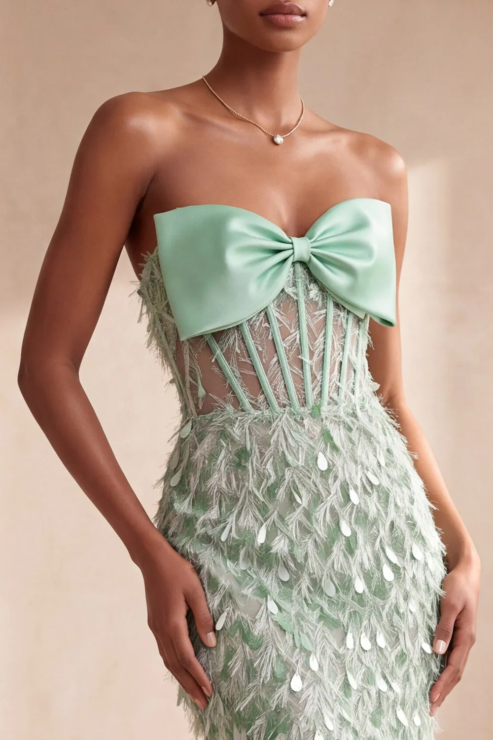 Sage Green Corset Mermaid Strapless Feathered Sequins Long Formal Dress with Bow sold by Zapaka product image thumbnail 3