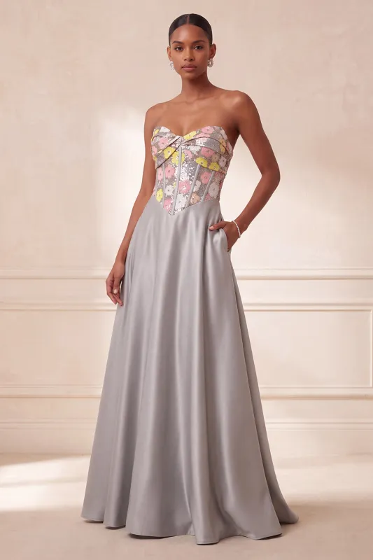 Grey Corset Strapless Satin Floral Ruched Sequins Long Formal Dress with Pockets made by Zapaka
