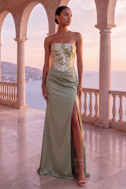 Floral Sage Green Corset Ruched Sheath Strapless Long Formal Dress with Slit made by Zapaka