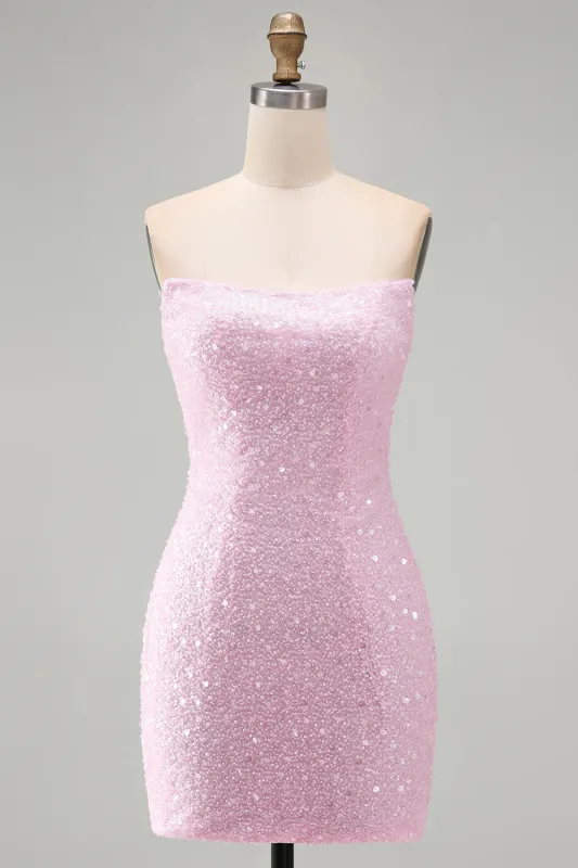 Pink Pearls Sequins Bodycon Strapless Short Homecoming Dress made by Zapaka