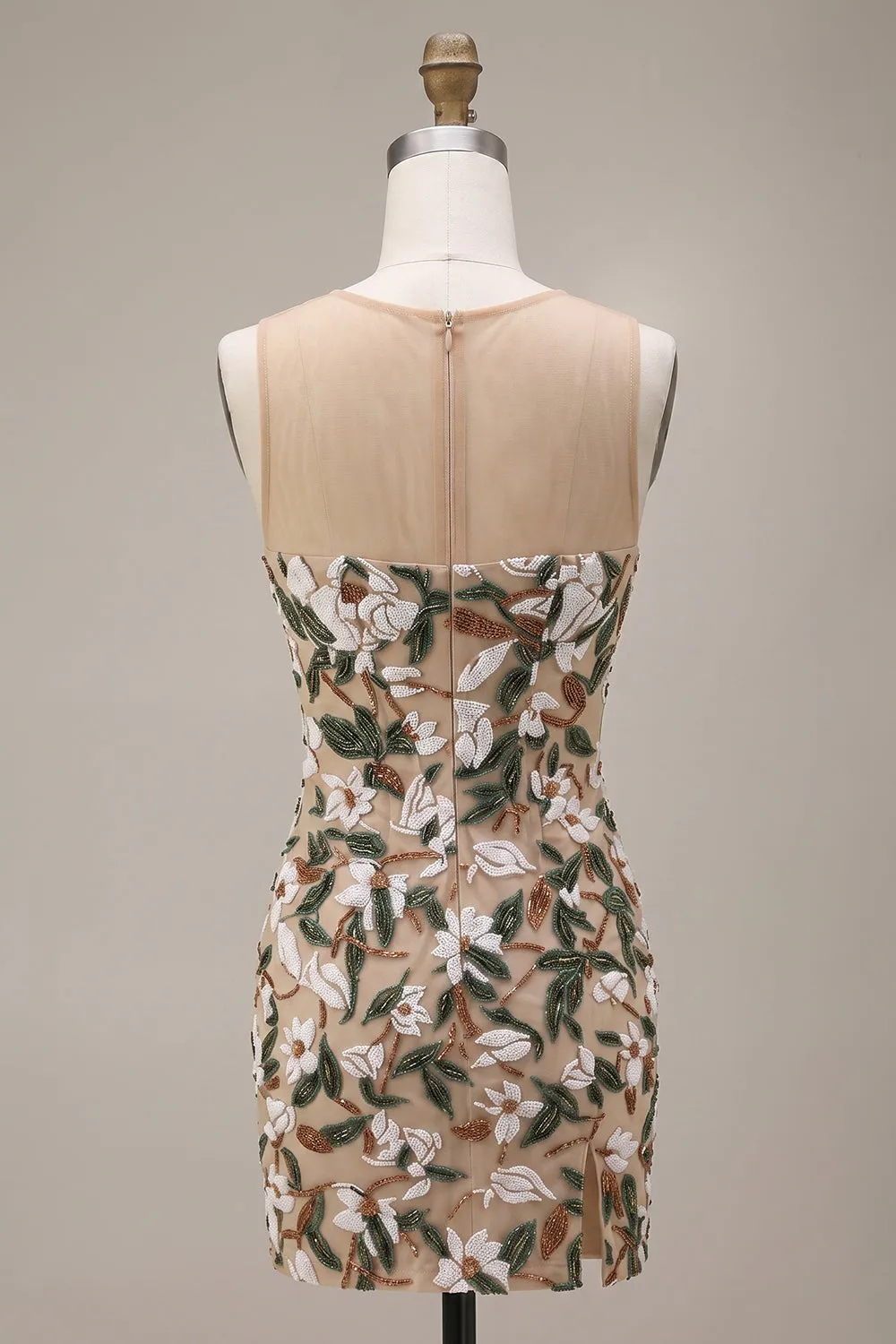 Light Khaki Corset Illusion Neck Sequin Floral Short Homecoming Dress with Side Slit sold by Zapaka product image thumbnail 2