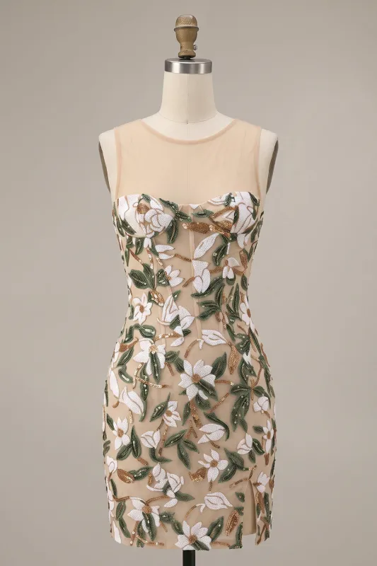 Light Khaki Corset Illusion Neck Sequin Floral Short Homecoming Dress with Side Slit made by Zapaka