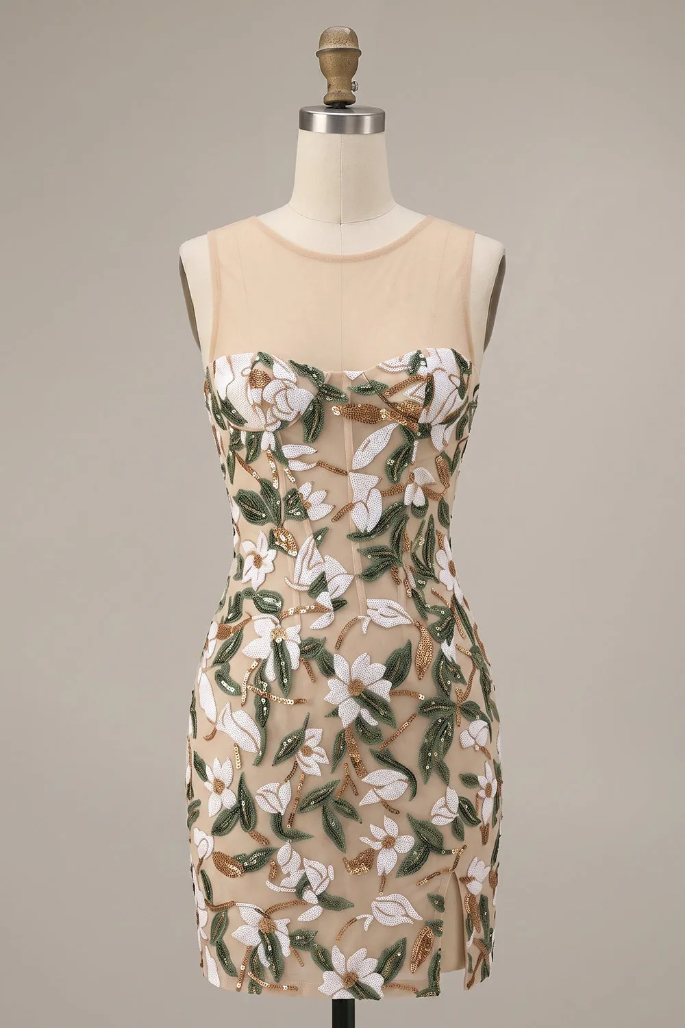 Light Khaki Corset Illusion Neck Sequin Floral Short Homecoming Dress with Side Slit sold by Zapaka