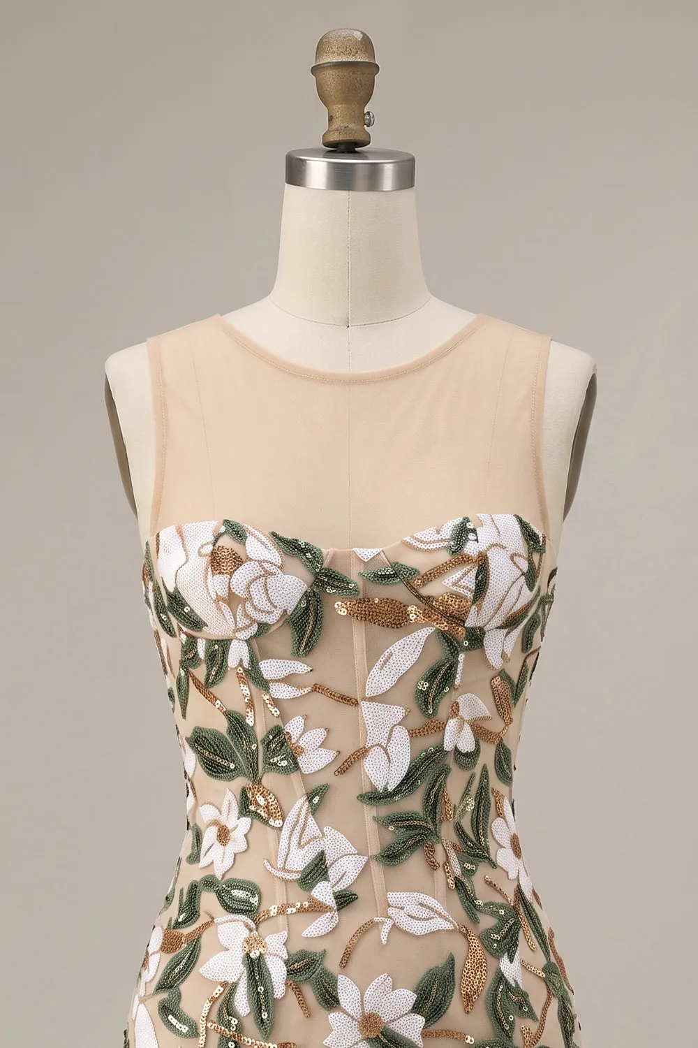 Light Khaki Corset Illusion Neck Sequin Floral Short Homecoming Dress with Side Slit sold by Zapaka product image thumbnail 3