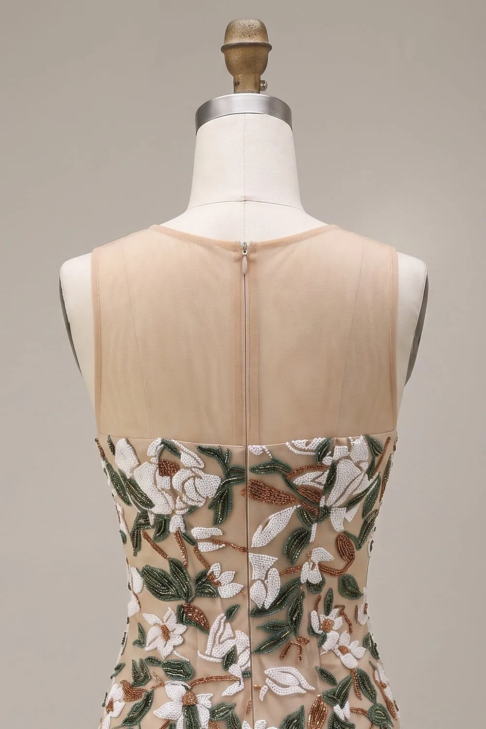 Light Khaki Corset Illusion Neck Sequin Floral Short Homecoming Dress with Side Slit sold by Zapaka product image thumbnail 4