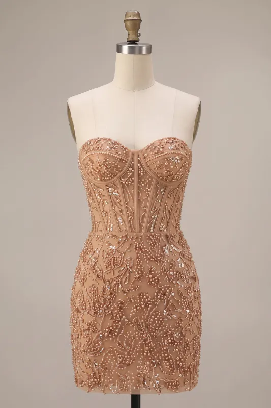 Champagne Bodycon Pearl Corset Strapless Beaded Short Homecoming Dress made by Zapaka