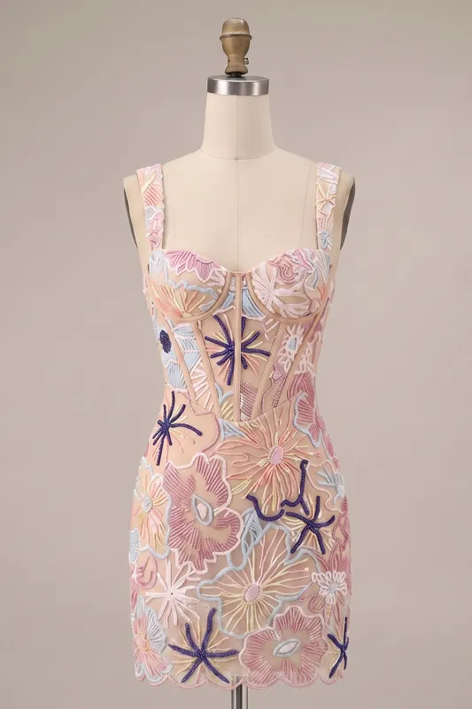 Pink Corset Bodycon Square Neck Mini Homecoming Dress with Appliques made by Zapaka