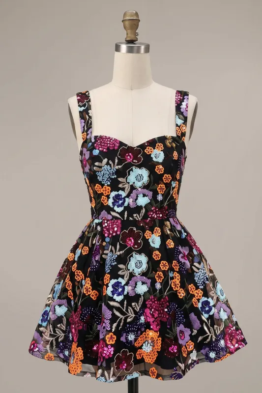 Black A-Line Sweetheart Floral Short Homecoming Dress made by Zapaka