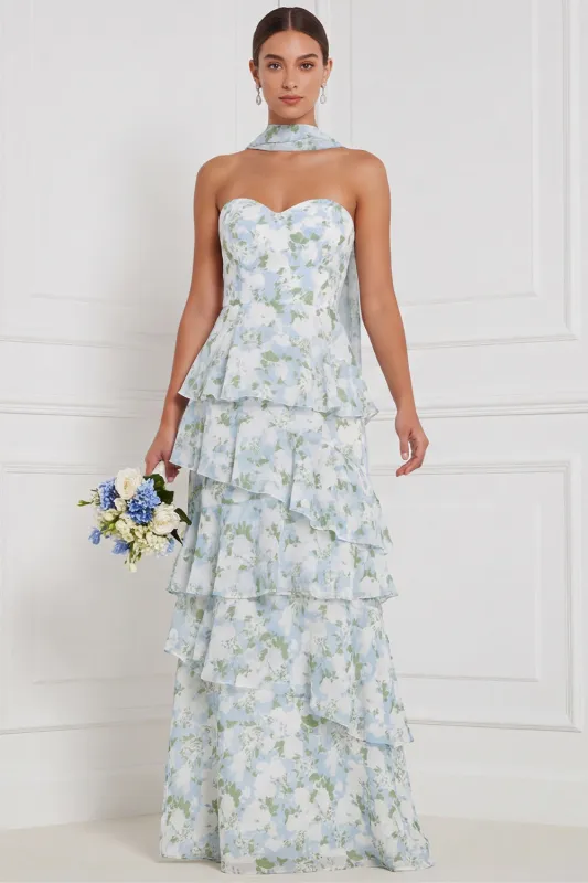 Blue White Flower A-Line Tiered Ruffled Strapless Long Bridesmaid Dress with Neck Scarf made by Zapaka
