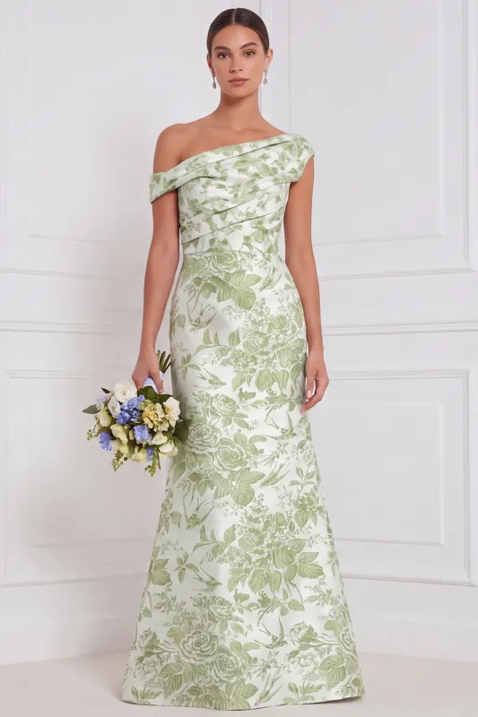 Sage Floral Mermaid One Shoulder Asymmetrical Ruched Long Bridesmaid Dress made by Zapaka