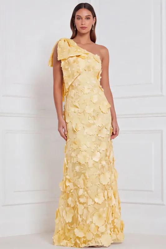 Daffodil Sheath One Shoulder Floral Appliqued Long Bridesmaid Dress with Bow made by Zapaka