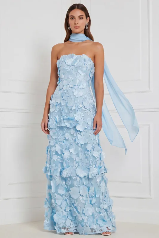 Light Blue Strapless A-Line Tiered 3D Flower Long Bridesmaid Dress made by Zapaka