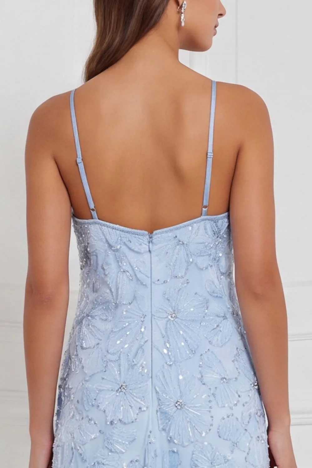 Light Blue A-Line Halter Floral Beaded Long Bridesmaid Dress sold by Zapaka product image thumbnail 4