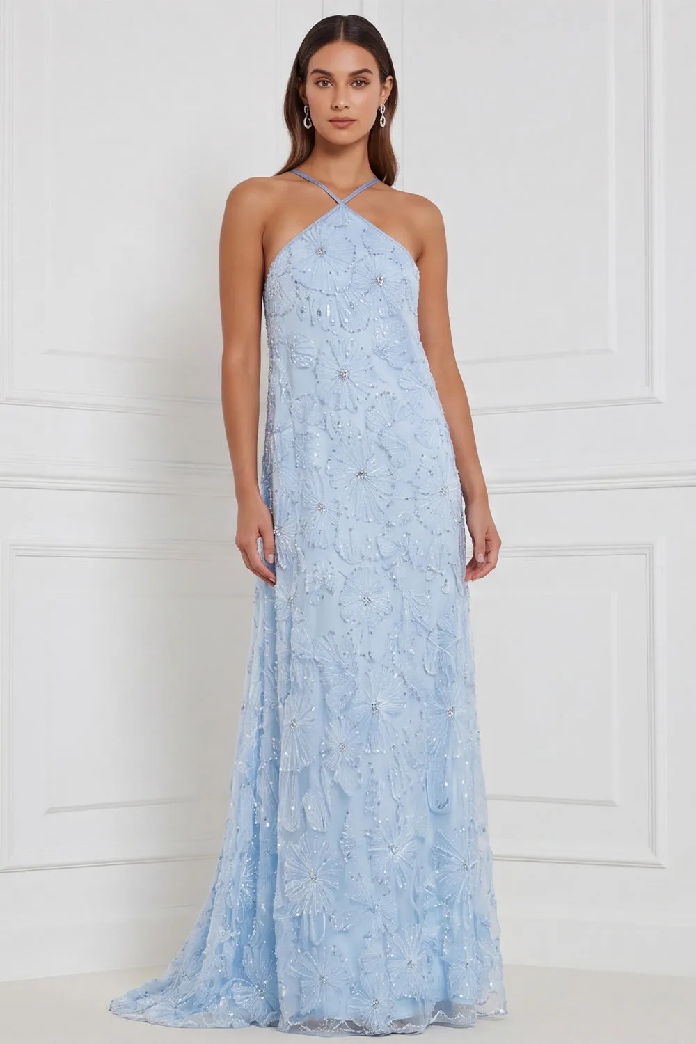Light Blue A-Line Halter Floral Beaded Long Bridesmaid Dress sold by Zapaka