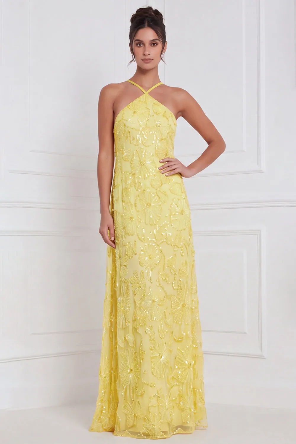 Light Blue A-Line Halter Floral Beaded Long Bridesmaid Dress sold by Zapaka product image thumbnail 5