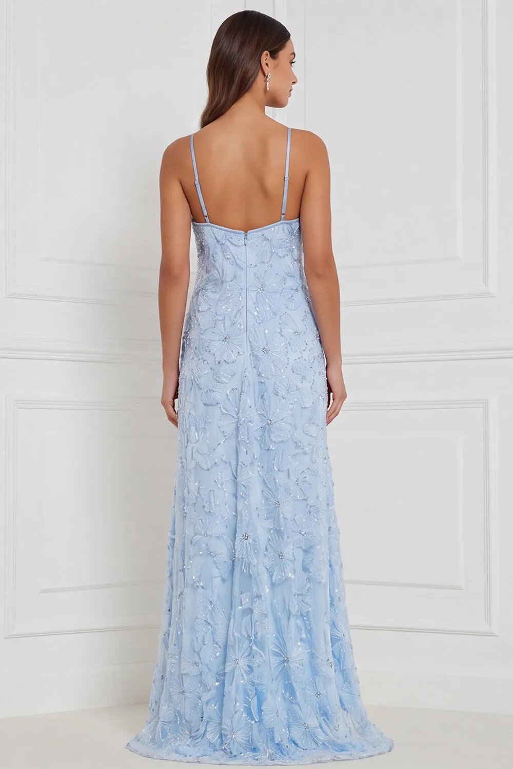 Light Blue A-Line Halter Floral Beaded Long Bridesmaid Dress sold by Zapaka product image thumbnail 2