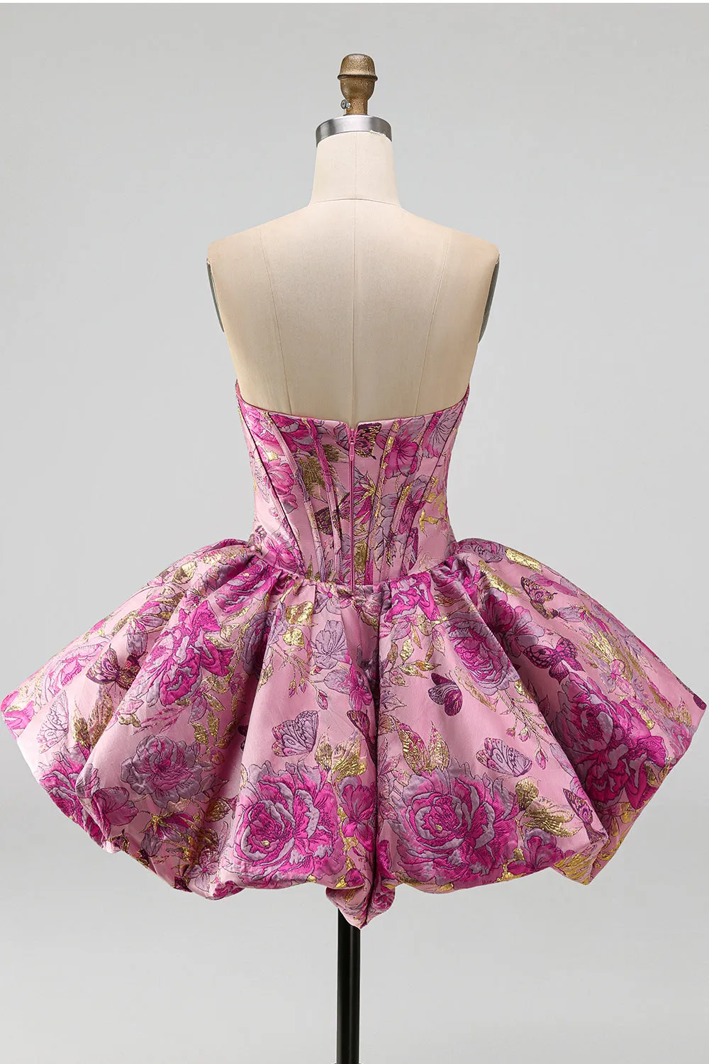 Red A-Line Floral Jacquard Corset Bubble Hem Short Homecoming Dress sold by Zapaka product image thumbnail 2