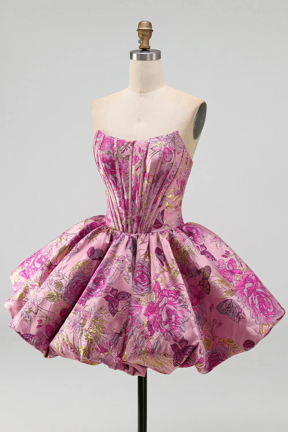Red A-Line Floral Jacquard Corset Bubble Hem Short Homecoming Dress sold by Zapaka product image thumbnail 3